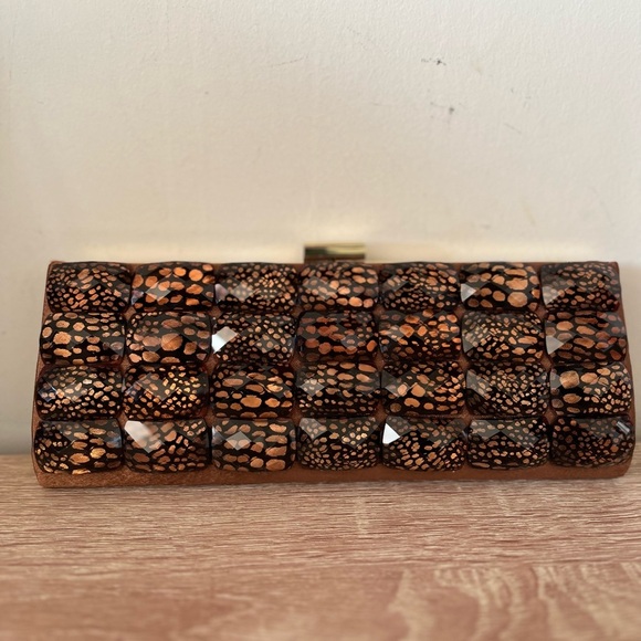 Sondra Roberts Sophisticated Crochet Jewel Beaded Rich Bronze Evening Clutch - Picture 1 of 15